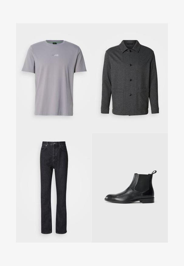 Veste gris foncé en matériau texturé avec fermeture à boutons, col pointu et deux poches latérales.; T-shirt gris à manches courtes en coton, avec un col rond et le logo "BOSS" embossé en blanc sur la poitrine.; Jean en denim noir taille haute avec fermeture à bouton et à glissière, poches avant et arrière, et coupe droite.; Bottine en cuir noir avec des panneaux latéraux élastiques, bout rond et tirette. Texture lisse, semelle plate, design minimaliste.