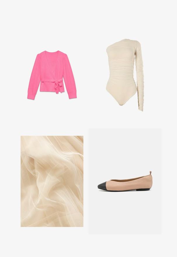Felroze wikkeltrui met lange mouwen, V-hals en gestrikte tailleband op een witte achtergrond.; Beige body met lange mouwen en een ontwerp met één schouder. Heeft een geplooide textuur, hoog uitgesneden pijpen en zachte, rekbare stof.; Lichtbeige tule stof met een zachte, doorschijnende textuur, met een fijne gaasweving die zachte golven en plooien creëert.; Leren balletschoenen met een naakt lichaam en een zwart cap toe. Beschikt over een minimalistisch ontwerp, een gladde textuur en een klein lusje aan de achterkant voor eenvoudig aan- en uittrekken.