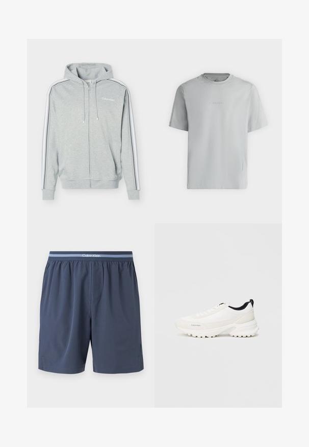 Sweat à capuche zippé gris clair avec des rayures blanches et noires sur les manches, des poches avant, une capuche avec cordon et le logo Calvin Klein sur la poitrine.; T-shirt gris clair à manches courtes avec col rond et logo « Calvin Klein » embossé centré sur la poitrine.; Boxers pour homme bleu marine avec une ceinture élastique ornée de rayures bleu clair et un logo blanc Calvin Klein centré devant.; Baskets de sport blanches avec un dessus lisse et un col rembourré, présentant une semelle texturée distincte pour l'adhérence et un logo discret sur le côté.