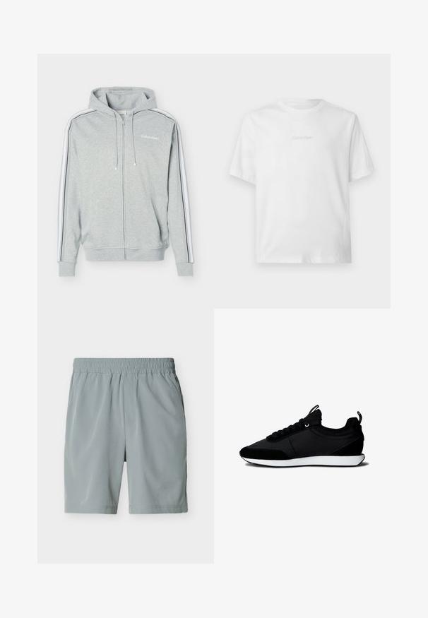 Sweat à capuche zippé gris clair avec des rayures blanches et noires sur les manches, des poches avant, une capuche avec cordon et le logo Calvin Klein sur la poitrine.; T-shirt blanc à manches courtes avec col rond, avec un discret logo Calvin Klein embossé centré sur la poitrine.; Shorts décontractés pour homme de couleur gris clair avec ceinture élastique et poches latérales, présentés à plat sur fond blanc.; Baskets basses noires avec semelle blanche, lacets et languettes à la langue et au talon, vues de profil sur fond blanc.