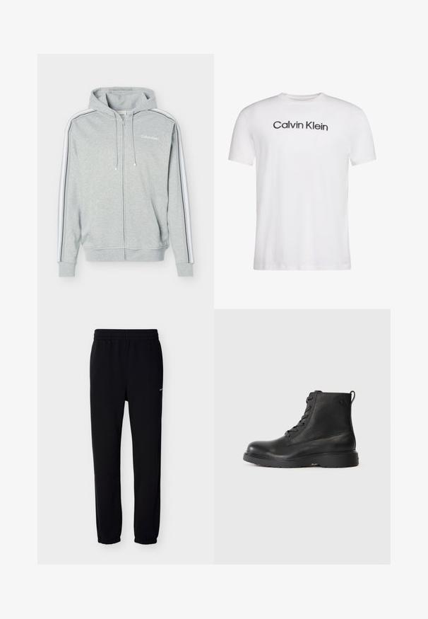 Sweat à capuche zippé gris clair avec des rayures blanches et noires sur les manches, des poches avant, une capuche avec cordon et le logo Calvin Klein sur la poitrine.; T-shirt blanc à manches courtes et col rond avec le texte noir "Calvin Klein" centré sur la poitrine.; Pantalon de survêtement noir avec une taille élastique et des poignets. Fabriqué en tissu doux. Présente un petit logo blanc sur le côté gauche.; Bottine noire en cuir texturé avec un bout rond, un design à lacets, et une solide semelle en caoutchouc noir. Elle est dotée d'une boucle au talon.