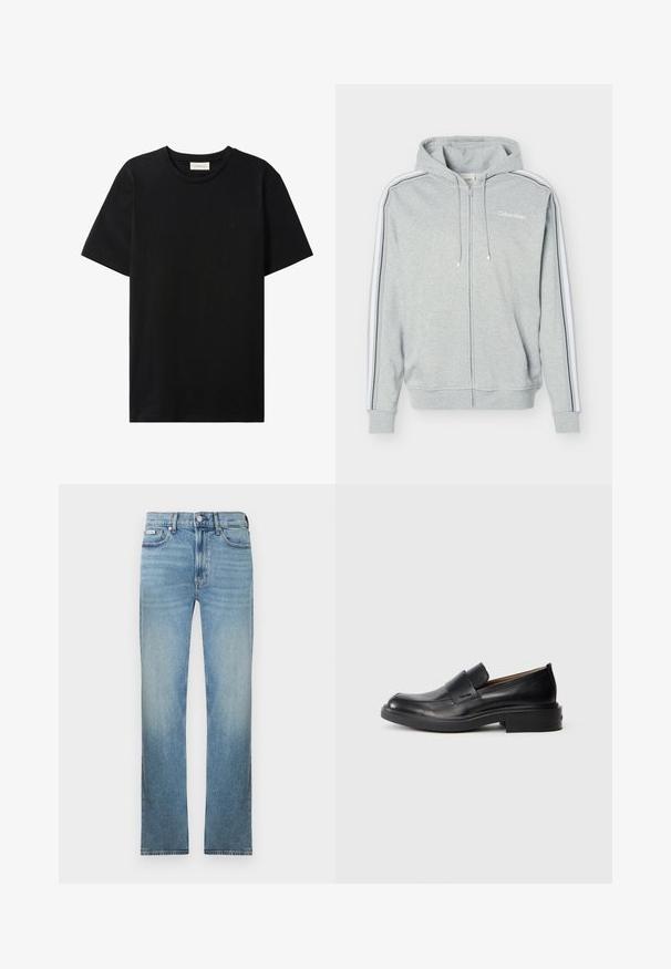 Lysegrå hættetrøje med lynlås, hvide og sorte striber på ærmerne, forlommer, snøre i hætten og Calvin Klein-logo på brystet.; Sort t-shirt med korte ærmer og rund hals med subtil Calvin Klein Jeans-logo på brystet og en label indeni halsåbningen.; Lyseblå denimjeans med lige ben, fem-lomme design og en falmet finish. Har knaplukning og bæltestropper.; Sorte læder slip-on dress sko med lav hæl og subtil Calvin Klein logo på siden, vist i profil på en hvid baggrund.