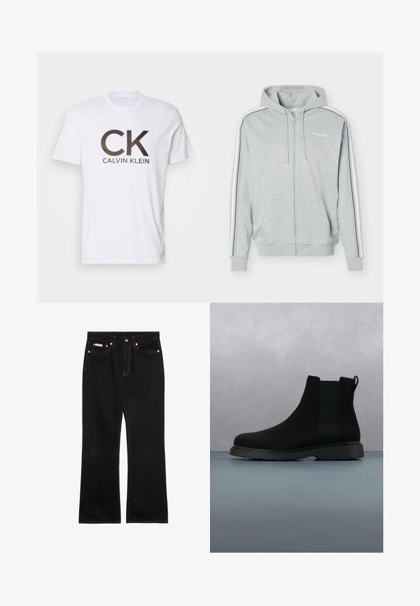 Helehall kapuutsiga pusa, millel on valged ja mustad triibud varrukatel, ees taskud, nööritav kapuuts ja Calvin Kleini logo rinnal.; Valge puuvillane T-särk, millel on suur must "CK" logo ja "CALVIN KLEIN" tekst all. Klassikaline ümar kaelus ja lühikesed varrukad.; Mustad sirgelõikelised teksad oranži õmblusega, viis taskut, nööpkinnitus ja väike Calvin Kleini silt ees paremal taskul.; Mustad mustankott, mis on valmistatud siledast materjalist, peente õmblustega, kummitald ja stiilne disain, asetatud puidustruktuuriga pinna kohale.