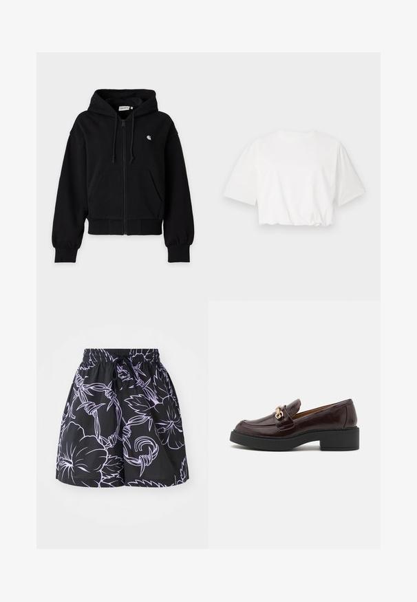 Sweat à capuche noir zippé avec cordons de serrage, poches avant, poignets et bas côtelés, et un petit logo blanc sur la poitrine gauche.; T-shirt blanc court avec manches courtes bouffantes, encolure ronde et ourlet froncé, fabriqué à partir d'un tissu en coton doux.; Shorts noirs avec un cordon de serrage à la taille, ornés de motifs floraux et de feuilles violets clairs contrastants sur un fond uni.; Mocassin en cuir brun avec une boucle d'accent dorée, un talon noir en bloc et une texture lisse. La vue latérale met en avant un bout arrondi et des détails cousus.