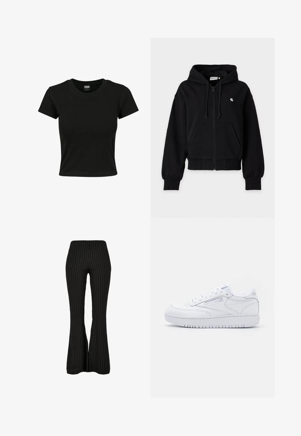Sudadera negra con cremallera, cordones, bolsillos delanteros, puños y dobladillo acanalados, y un pequeño logo blanco en el pecho izquierdo.; Camiseta negra de manga corta fabricada en algodón suave, con un cuello redondo y un corte ajustado. Sin patrones ni acentos visibles.; Pantalones negros acampanados con finas rayas blancas, con cintura ajustada y textura suave. Hechos de una tela ligera.; Zapatillas bajas de cuero blanco con puntera perforada, diseño de cordones, collar acolchado y suela de goma gruesa. Logo discreto en los laterales.