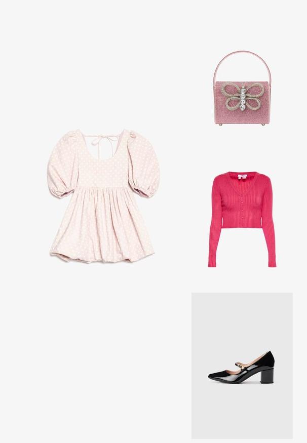 Roze geribde gebreide cropped cardigan met lange mouwen en vijf knopen aan de voorkant, getoond op een witte achtergrond.; Lichtroze jurk met witte polkadots, met geplooide korte mouwen, een rugstrikhalssluiting, een getailleerde taille en een vloeiende rok.; Zwarte lakleren Mary Jane-hakken met een spitse neus, een middelgrote blokhak en een decoratieve gouden gesp op de band.; Roze sprankelende handtas met een opvallend vlinderontwerp en strassteentjes, rechthoekige vorm en een platte handvat.