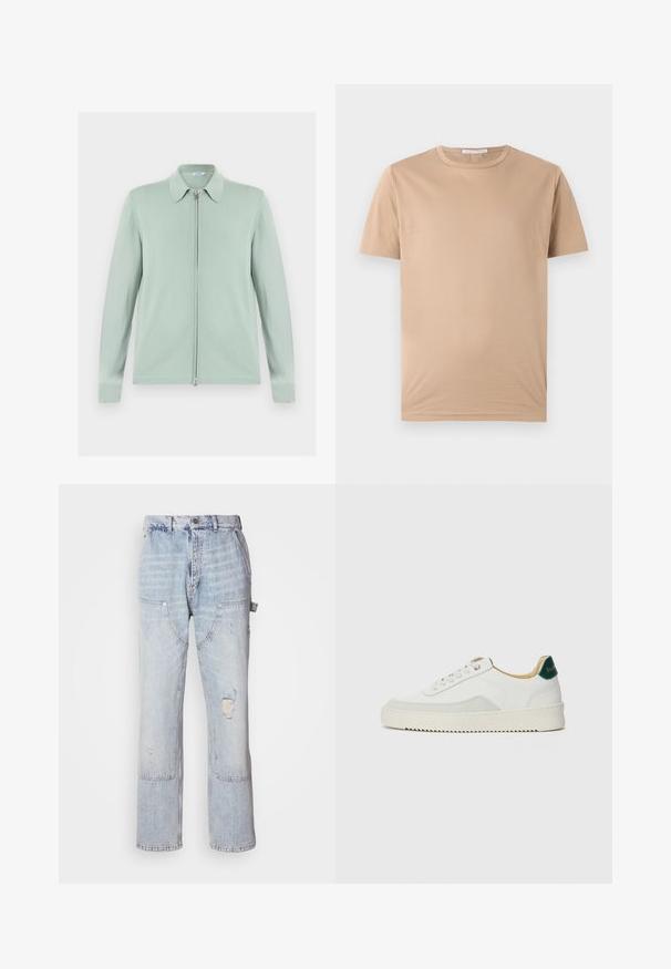 Lysegrøn cardigan med lynlås, lange ærmer og spids krave, vist fladt mod en hvid baggrund.; Beige t-shirt med korte ærmer og rund halsudskæring, med en lige kant og et lille mærke indeni kraven.; Lyseblå denim carpenter jeans med flere lommer, en frontknap, lynlås og slidte detaljer på højre lår.; Hvide sneakers med ruskindsdetaljer, rund tå, flade snørebånd og en cremet gummisål. Har grøn branding på hælen.