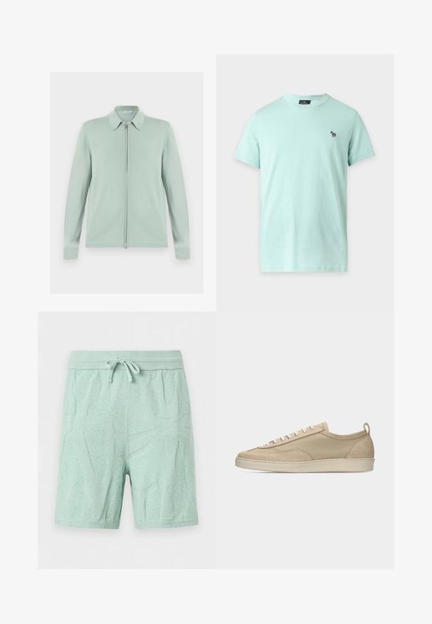 Cardigan vert clair à fermeture éclair, manches longues et col pointu, présenté à plat sur fond blanc.; T-shirt bleu clair à manches courtes et col rond avec un petit logo zèbre coloré brodé sur le côté gauche de la poitrine.; Shorts en éponge vert clair avec taille élastique et cordon, avec des motifs de feuilles texturés discrets.; Baskets beige basses avec tige en tissu et daim, lacets blancs, semelle en caoutchouc et languette à l'arrière, présentées en profil latéral sur fond blanc.