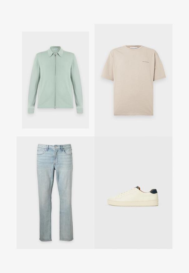 Cardigan vert clair à fermeture éclair, manches longues et col pointu, présenté à plat sur fond blanc.; T-shirt beige à manches courtes en coton doux, avec un col rond et un logo minimaliste "Tiger of Sweden" noir sur la poitrine gauche.; Jean en denim bleu clair avec une coupe droite, style classique cinq poches, fermeture par bouton et zip, présenté sur un fond uni.; Sneakers en cuir blanc avec une surface texturée, une pointe arrondie et un accent de talon bleu marine. Présente des coutures sur les côtés et une semelle texturée.