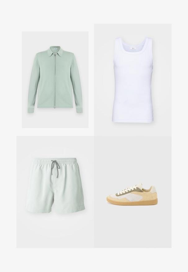 Cardigan vert clair à fermeture éclair, manches longues et col pointu, présenté à plat sur fond blanc.; Débardeur sans manches en coton blanc avec un col rond, présentant une texture lisse et une coupe ajustée, conçu pour un usage décontracté.; Shorts de bain vert clair avec une taille élastique, un cordon de serrage ajustable et des poches latérales. Texture lisse, longueur au-dessus du genou.; Baskets basses en daim beige, panneaux en maille blanche, accents olive, lacets blancs et semelle en caoutchouc naturel sur fond gris clair.