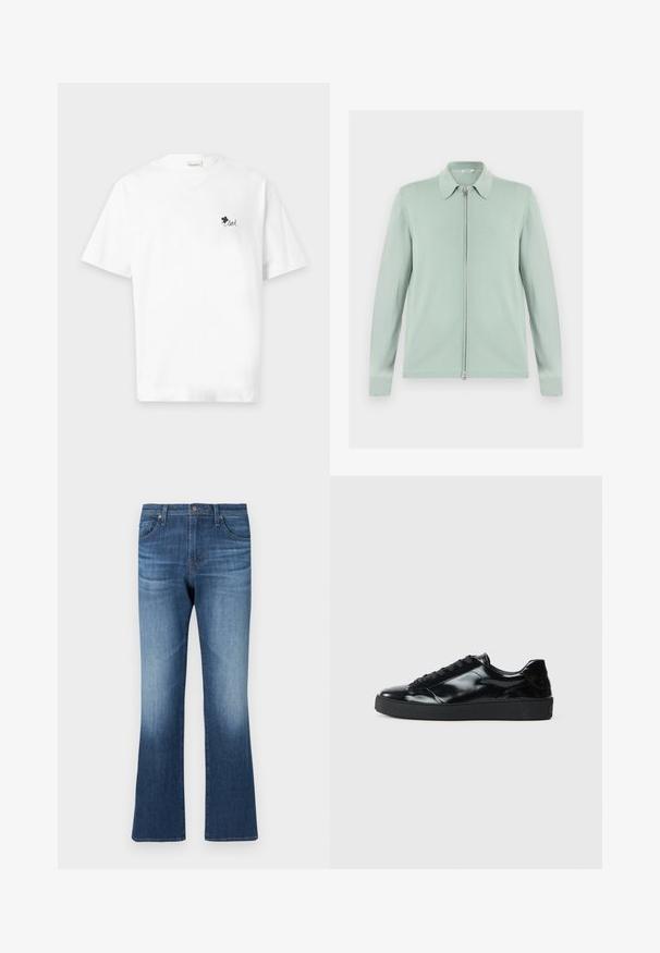 Light green zip-up cardigan with long sleeves and a pointed collar, displayed flat against a white background.; White short-sleeve t-shirt with small black clover and the word "loved" printed on left chest.; Flared jeans in dark blue denim with a faded finish. Features five pockets, belt loops, and a zip fly with a button closure.; Black patent leather sneakers with a rounded toe, lace-up design, textured rubber sole, and a smooth finish.