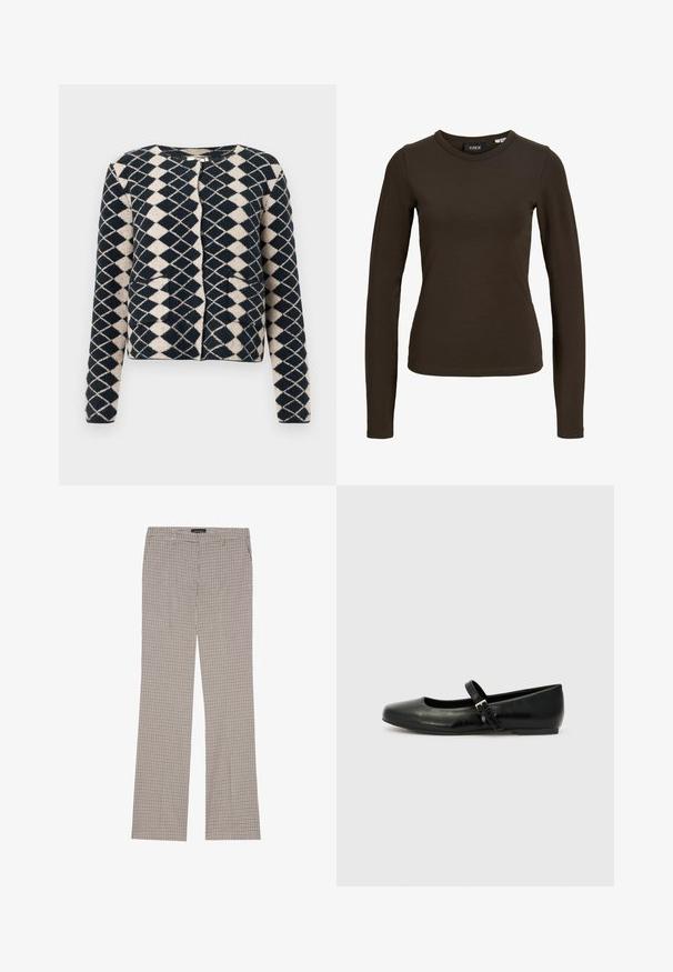 Cardigan en maille à motifs losanges noir et beige, avec des manches longues et des poches avant, présenté sur un fond blanc.; T-shirt à manches longues moulant de couleur marron foncé avec col rond, design simple et texture de tissu lisse, présenté sur un fond blanc uni.; Pantalons à motif check noir et blanc, fabriqués en tissu léger. Caractéristiques d'un design à jambe droite et d'une taille avec passants de ceinture.; Ballerines en cuir noir avec un bout arrondi, une semelle plate et une fine sangle ajustable sur le cou-de-pied avec une boucle en métal.