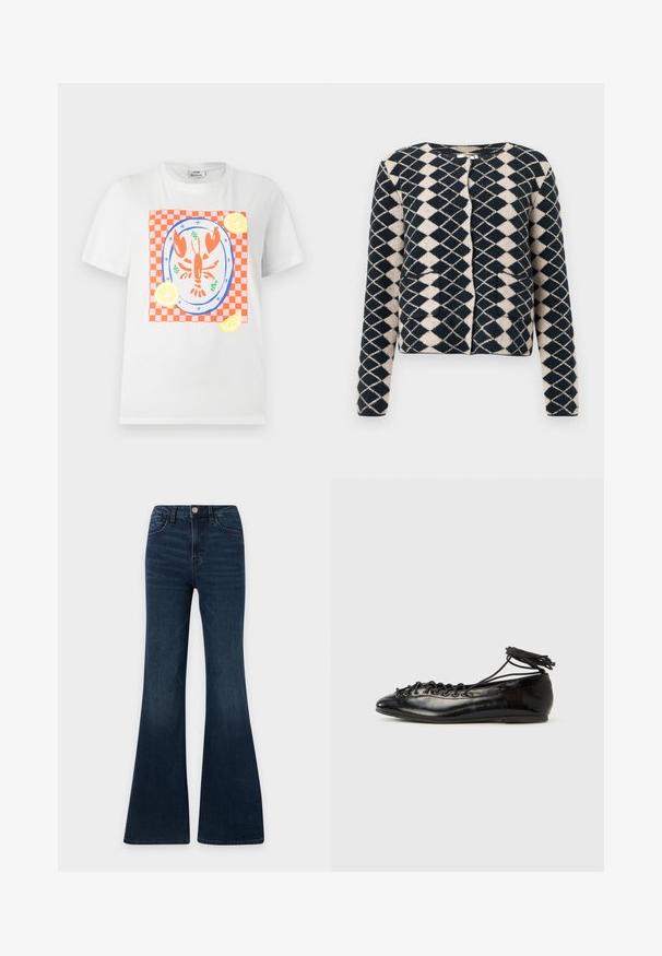 Cardigan en maille à motifs losanges noir et beige, avec des manches longues et des poches avant, présenté sur un fond blanc.; T-shirt blanc à manches courtes avec un homard rouge sur une assiette, placé sur un tissu à carreaux rouge et blanc avec des tranches de citron autour.; Jean en denim bleu foncé taille haute avec coupe évasée, fermeture devant par bouton et zip, poches devant et derrière.; Ballerines en cuir verni noir avec un bout rond, un design à lacets et une semelle plate. Texture lisse avec peu de détails.