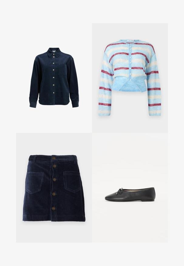 Cardigan tricoté bleu clair avec des rayures horizontales blanches et rouges, fermeture à boutons sur le devant, et manches longues.; Chemise en velours côtelé bleu foncé à manches longues, avec boutonnière à l'avant, poche poitrine unique, col évasé et boutons beiges.; Jupe en velours côtelé bleu marine avec fermeture à boutons sur le devant et deux poches plaquées, présentant une texture côtelée verticale.; Ballerine en cuir noir avec un bout rond et un détail de nœud décoratif. Le design présente une texture lisse et un talon bas et plat.