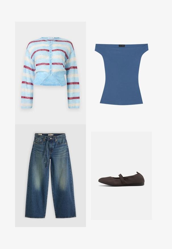 Cárdigan de punto azul claro con rayas horizontales blancas y rojas, cierre frontal con botones y mangas largas.; Top off-the-shoulder en suave tela azul, diseño ajustado con mangas cortas y una textura suave. Etiqueta visible en el escote.; Jeans de mezclilla de pierna ancha en azul oscuro con un diseño desgastado, que presentan una cinturilla con cordón y un estilo de cinco bolsillos.; Zapato plano de ballet marrón con correa elástica y puntera redondeada, mostrado sobre un fondo blanco, vista lateral.