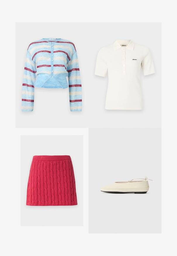 Cardigan tricoté bleu clair avec des rayures horizontales blanches et rouges, fermeture à boutons sur le devant, et manches longues.; Polo blanc à manches courtes en maille côtelée, avec col et patte de boutonnage, arborant un petit logo noir "ellesse" sur la poitrine gauche.; Mini-jupe rouge tricotée avec motif torsadé vertical et taille et ourlet côtelés sur fond blanc.; Des chaussures plates de couleur crème avec un bout arrondi, une sangle à la cheville et une semelle en caoutchouc noir contrastante. Matériau lisse avec un detailing minimal.
