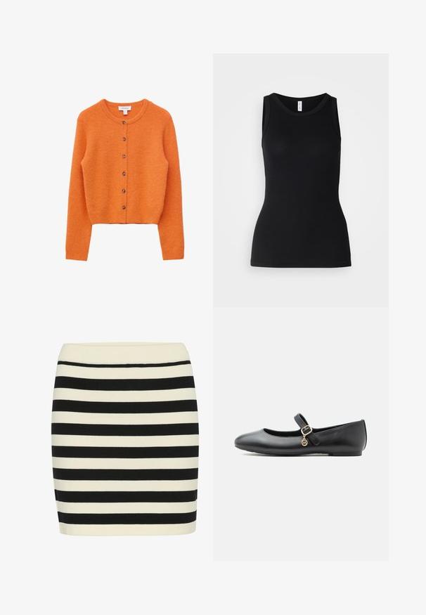 Orange uld cardigan med lange ærmer, rund halsudskæring og seks brune knapper foran.; Sort ærmeløs tanktop lavet af ribbet stof, med rund halsudskæring og tætsiddende design, med en glat overflade og uden mønstre.; Sort og creme stribet strikskørt, tætsiddende pasform, med ribbet talje. Vandre striber skifter bredde for visuel tekstur.; Sort Mary Jane-lædersko med flad sål, lille guldbælte og rund vedhæng på hvid baggrund.