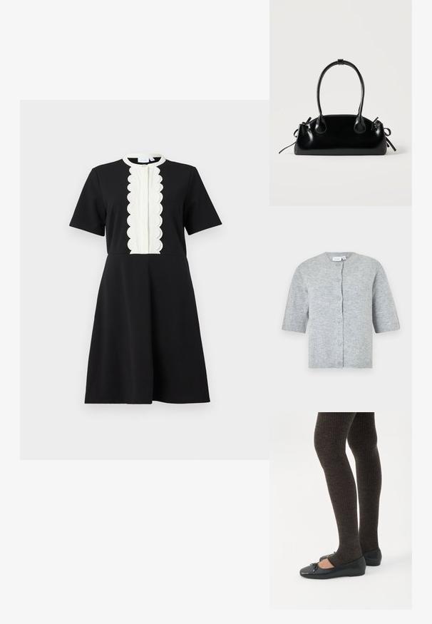 Cardigan gris à manches courtes en tissu tricoté doux, avec un col rond, cinq boutons, et des bords-côtes aux poignets et à l'ourlet.; Robe noire à manches courtes, dotée d'un panneau texturé blanc en forme de coquille sur le devant et d'un col rond. Tissu lisse, coupe trapèze.; Jambes portant des leggings côtelés foncés associés à des ballerines noires avec de petits détails en nœud sur fond blanc.; Petit sac à main noir brillant avec deux longues anses et des détails à cordon sur les côtés sur un fond clair uni.