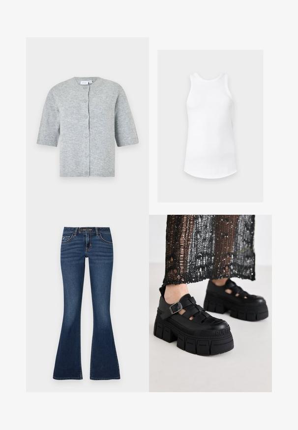 Grå kortærmet cardigan lavet af blødt strikmateriale, der har rund halsudskæring, fem knapper samt ribstrikkede manchetter og kant.; Hvid ærmeløs ribbet tanktop med rund halsudskæring og buet kant, vist på en ensfarvet lysegrå baggrund.; Flared jeans i mørkeblå denim med et klassisk fem-lomme-design, kontrastsyninger og lynlås med knaplukning.; Sorte platform sandaler med et chunky design, der har brede stropper og en sidelås. Fremstillet af tekstureret gummi med et logodetalje.
