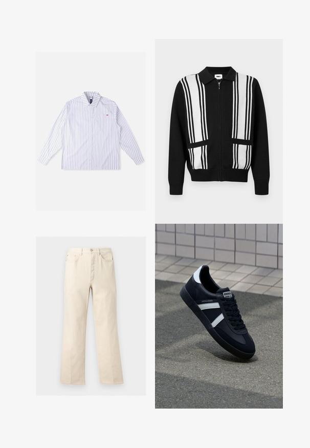 Cardigan negro con cremallera, con rayas verticales blancas y dos bolsillos delanteros, que cuenta con un cuello y puños y bajo acanalados.; Camisa blanca de manga larga con rayas verticales azules, cierre de botones en la parte delantera, cuello, bolsillo en el pecho izquierdo y detalle de logo rojo. Tela suave y tejida.; Pantalones beige de pierna recta con bolsillos frontales, presillas para cinturón, cierre de botón y cremallera, mostrados sobre un fondo liso.; Zapatilla de cuero negra con rayas blancas, suela de goma texturizada y parte frontal con cordones. Cuenta con una etiqueta de marca en la lengüeta.