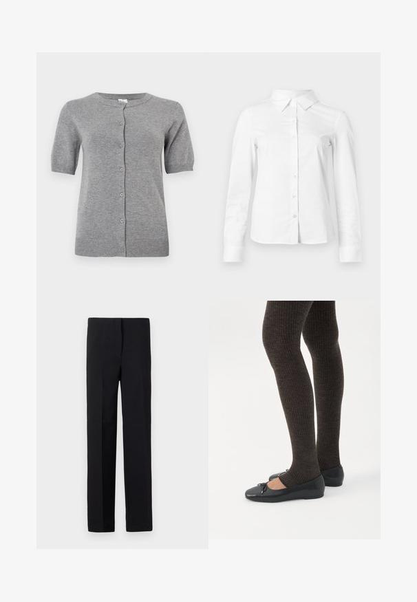Cárdigan de manga corta en gris, hecho de un material de punto suave, con un escote redondeado y cierre de cinco botones en la parte delantera.; Camisa blanca de manga larga con botones, cuello puntiagudo, bajo recto y silueta ajustada, presentada sobre un fondo claro y liso.; Pantalones negros ajustados de corte recto, con una textura suave y sin patrones visibles. Cintura estándar y un acabado limpio.; Piernas con leggings oscuros acanalados combinados con bailarinas negras que presentan pequeños detalles de lazo sobre un fondo blanco.