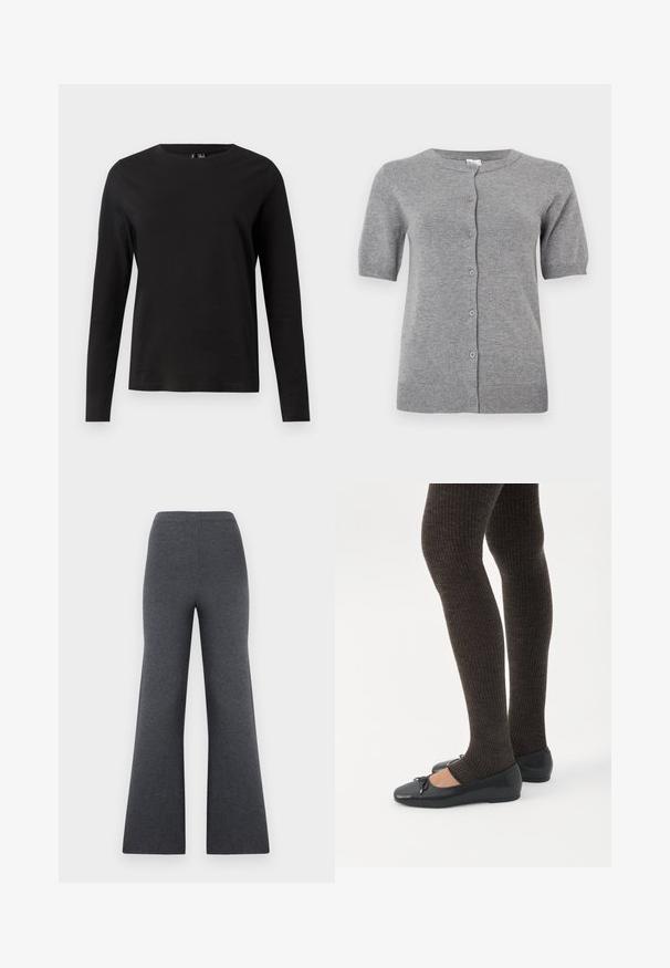 Cardigan gris à manches courtes en tissu tricoté doux, avec un col rond et une fermeture à cinq boutons sur le devant.; T-shirt noir à manches longues en coton avec un col rond. Il présente une texture lisse et un design simple, adapté à un style décontracté.; Pantalon en maille gris foncé taille haute à jambes larges, avec une texture lisse, présenté sur un fond blanc.; Jambes portant des leggings côtelés foncés associés à des ballerines noires avec de petits détails en nœud sur fond blanc.