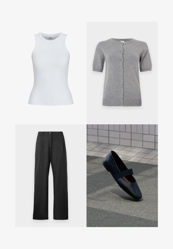 Kurzärmlige, graue Strickjacke aus weichem Strickmaterial, mit rundem Halsausschnitt und fünf Knöpfen in der Vorderseite.; Weißes, geripptes Tanktop mit runder Ausschnittform und ärmellosem Design. Hat eine Slim-Fit-Passform und eine weiche Textur, ideal zum Lagenlook.; Dunkelgraue High-Waist-Hosen mit Knopfverschluss, Falten vorne, Gürtelschlaufen und weit geschnittenen geraden Beinen.; Schwarze Leder-Ballerina mit runder Zehenpartie, ausgestattet mit einem weichen schwarzen Elastikband über dem Vorderfuß. Glatte Textur und minimalistisches Design.