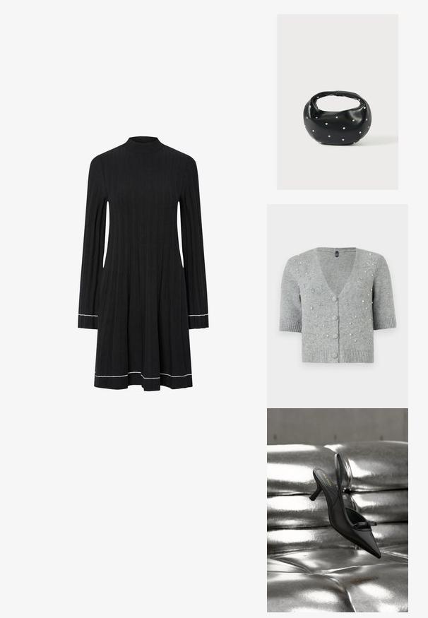 Cardigan gris à manches courtes en tricot, doté d'un col en V, de fermetures à boutons et de perles décoratives sur le devant.; Robe en maille côtelée noire à manches longues avec col montant et détails en blanc sur les poignets et l'ourlet.; Chaussure à talon noire à bout pointu et bride arrière, avec un petit nœud, reposant sur un revêtement en cuir argenté brillant matelassé.; Sac à main en cuir noir de forme arrondie, décoré de clous argentés et équipé d'une poignée courte. Texture lisse et fermeture éclair.