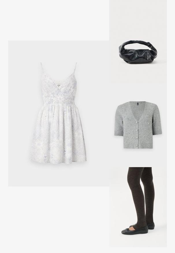 Cardigan gris à manches courtes en tricot, doté d'un col en V, de fermetures à boutons et de perles décoratives sur le devant.; Robe d'été blanche avec fines bretelles, taille smockée et motifs floraux et géométriques gris clair subtils.; Jambes portant des leggings côtelés foncés associés à des ballerines noires avec de petits détails en nœud sur fond blanc.; Sac noir en matériau texturé et brillant avec une poignée circulaire torsadée et une fermeture éclair. Présente un design doux et froissé.