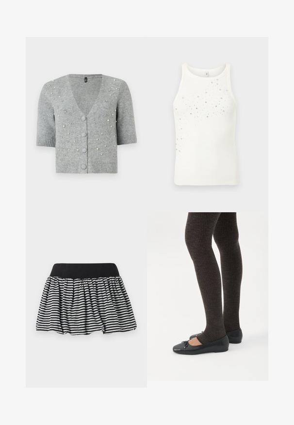 Grå kortærmet cardigan lavet af strikmateriale, der har V-hals, knaplukninger og dekorative perler foran.; Hvid ærmeløs ribbet tanktop med rund halsudskæring, pyntet med spredte små sølvnitter på frontens øverste venstre side.; Stribet sort og hvid nederdel med et samlet design og elastisk talje, lavet af blødt materiale. Har en udvidet form for fylde.; Ben iført mørke ribbede leggings kombineret med sorte balletsko med små sløjfedetaljer på hvid baggrund.