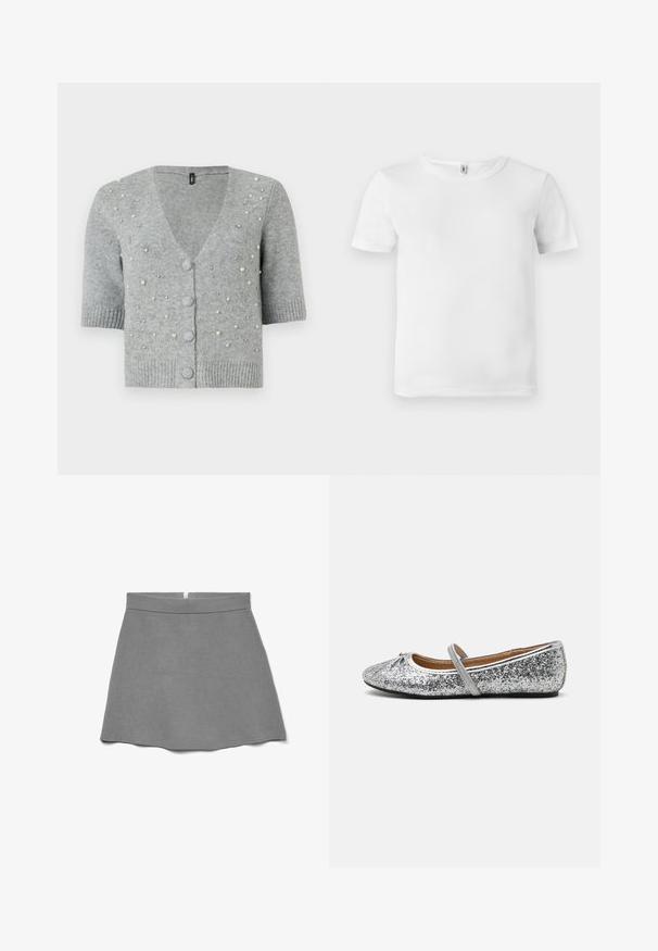 Cardigan gris à manches courtes en tricot, doté d'un col en V, de fermetures à boutons et de perles décoratives sur le devant.; T-shirt blanc à manches courtes avec une texture côtelée. Encolure classique, sans logos ni motifs visibles, et un design simple et épuré.; Jupe grise en tissu doux, dotée d'une taille haute, d'une forme évasée et d'une fermeture éclair dissimulée à l'arrière.; Ballerines en paillettes argentées avec un bout arrondi, une sangle élastique et un talon minimal. Surface texturée avec un éclat métallique et des finitions contrastées.
