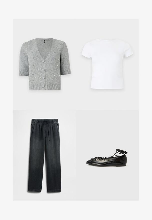 Grijze korte mouw cardigan gemaakt van brei materiaal, met een V-hals, knoopsluiting en decoratieve kralen aan de voorkant.; Effen wit T-shirt met korte mouwen en een ronde hals, getoond op een neutrale lichtgrijze achtergrond.; Zwarte spijkerbroek met een elastische tailleband met trekkoord, wijde pijpen en subtiele vervaagde details. Inclusief twee zijzakken.; Zwarte ballerina's van lakleer met een afgeronde neus, veterdesign en een platte zool. Glad oppervlak met minimale details.