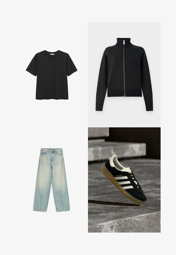 Zwarte gebreide trui met ritssluiting, hoge kraag en geribbelde zoom. Heeft een volledige ritssluiting aan de voorkant en lange mouwen. Gladde textuur met minimale details.; Zwarte T-shirt met korte mouwen en ronde hals, gemaakt van zacht katoen, met een rechte zoom en zonder zichtbare patronen of accenten.; Lichtblauwe wijde denimbroek met voorzakken, riemlussen, knoopsluiting en subtiele vervaagde details.; Zwarte Adidas München sneaker met witte strepen en eenbruine zool zwevend boven getextureerde betonnen trappen.