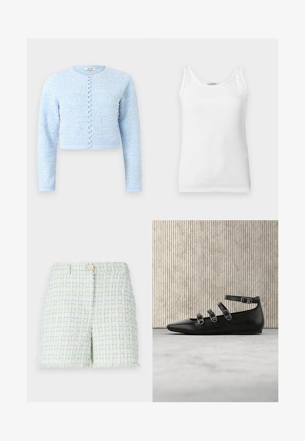 Cardigan court bleu clair à manches longues, orné de petites perles et de motifs en perles argentées, avec des boutons imitation perle sur le devant.; Débardeur blanc côtelé sans manches avec bordure en dentelle sur les bretelles, doté d'un col rond.; Shorts en tweed de couleur bleu clair et jaune pâle avec un motif à grille texturé. Dotés d'une fermeture à bouton à l'avant et d'une coupe ajustée.; Chaussure plate en cuir noir avec un bout pointu, dotée de trois sangles ajustables et de boucles métalliques. Texture lisse et design minimaliste.