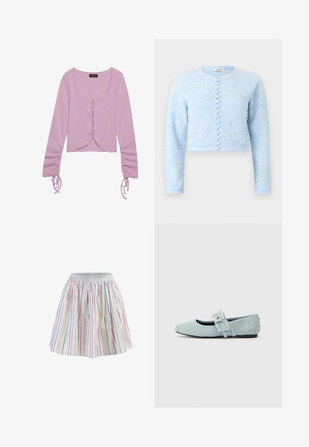 Lichtblauw kort vest met lange mouwen, versierd met kleine parels en zilveren kraalpatronen, voorzien van parelachtige knopen aan de voorzijde.; Lilak lange mouwen cropped top met een vierkante hals, knoopsluiting aan de voorkant, ruches aan de randen en verstelbare strikdetails op de mouwen.; Witte rok met verticale meerkleurige strepen en een brede zilveren elastische tailleband, weergegeven op een witte achtergrond.; Lichtblauwe platte schoenen met een zachte suède textuur, ronde neus en een decoratieve gesp met heldere accenten op de band.