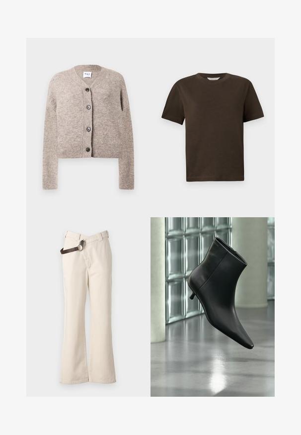 Cárdigan de punto beige con escote en V, dobladillo acanalado y mangas largas. Cuenta con cinco botones negros en la parte frontal. Tejido suave y texturizado.; Camiseta de algodón marrón oscuro con cuello redondo, mangas cortas y un corte holgado. Diseño simple sin patrones ni acentos visibles.; Pinko PAINT PANTALONE - Pantalones - beige betulla; Botín negro de cuero con punta puntiaguda y tacón bajo estilo kitten, mostrado en ángulo sobre un suelo pulido y con una pared de bloques de vidrio de fondo.