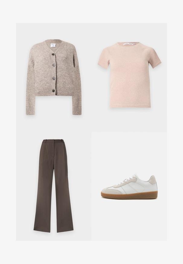 Cárdigan de punto beige con escote en V, dobladillo acanalado y mangas largas. Cuenta con cinco botones negros en la parte frontal. Tejido suave y texturizado.; Camiseta de manga corta color rosa claro, fabricada en tejido acanalado, con un escote redondo y un corte relajado. Diseño simple y sin costuras.; Pantalones de pierna ancha en una tela marrón sólida, con una textura suave, lazos para cinturón, pliegue frontal y sin bolsillos visibles.; Deportivas de cuero blanco con acentos de ante beige, lengua texturizada y suela de goma. Presenta cordones blancos y detalles sutiles de costura.