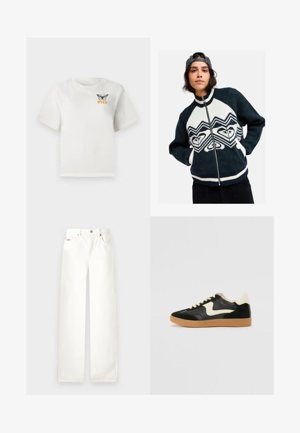 Jeune personne aux cheveux courts et foncés portant un pull zippé foncé avec des motifs géométriques de cœurs blancs et noirs et une casquette grise portée à l'envers.; T-shirt blanc à manches courtes avec un papillon noir et le texte orange "RVCA" sur le haut à gauche de la poitrine.; Jean blanc taille haute à jambes droites avec poches avant, fermeture par bouton et zip, et petit logo rose près de la poche droite.; Baskets en daim et cuir noir avec un swoosh latéral crème et un talon crème clair. Dotées de lacets beige et d'une semelle en caoutchouc gomme.