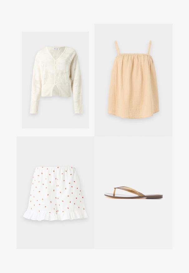 Cremefarvet strikket cardigan med blomsterrelieffmønster, V-hals, lange ærmer, knapper foran og ribbet kant med lille frontslids.; Lysebeige ærmeløs top med tynde rynkede stropper og et løst, tekstureret stofdesign.; Hvide shorts med små røde jordbærtryk overalt, bølget kant og elastisk talje for komfort. Fremstillet af letvægtsstof.; Enkelt brun gennemsigtig flip-flop sandal med flad sål og rem mellem tæerne, vist fra siden på hvid baggrund.