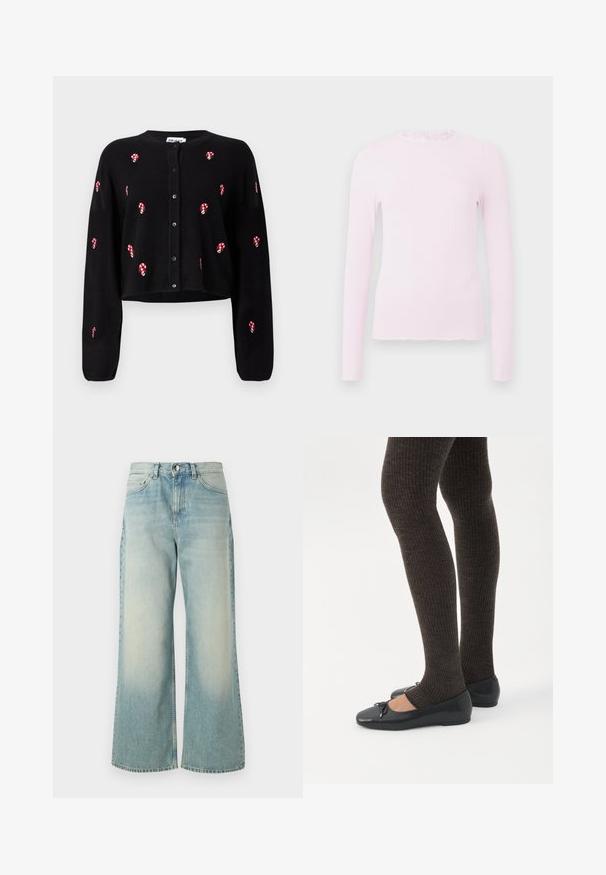 Sort cropped cardigan med rød og hvid slikstok-broderi, lange ærmer og knaplukning foran. Blød strik tekstur.; Pink langærmet top i ribbet текстur, med en flæsekrave og et tætsiddende design med frynset kantdetalje.; Lyseblå vide jeans lavet af denim, med en afdæmpet vask, klassisk fem-lomme design og en frontknaplukning.; Ben iført mørke ribbede leggings kombineret med sorte balletsko med små sløjfedetaljer på hvid baggrund.