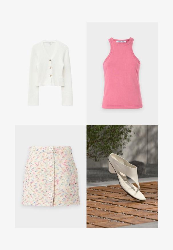 Hvid struktureret strikket cardigan med lange ærmer, V-hals og tre beige knapper ned foran.; Lyserød bomulds tanktop med rund halsudskæring og racerback design. Har dobbeltstikninger i kanterne og en blød, glat tekstur.; Vævet stof miniskørt i lys creme med farverige sprøjt. Har fire store hvide knapper foran og en tekstureret overflade.; Hvid læderhæl sandal med bred rem og tåpost, vist udendørs på en overflade med træ og grusfliser med grønt i baggrunden.