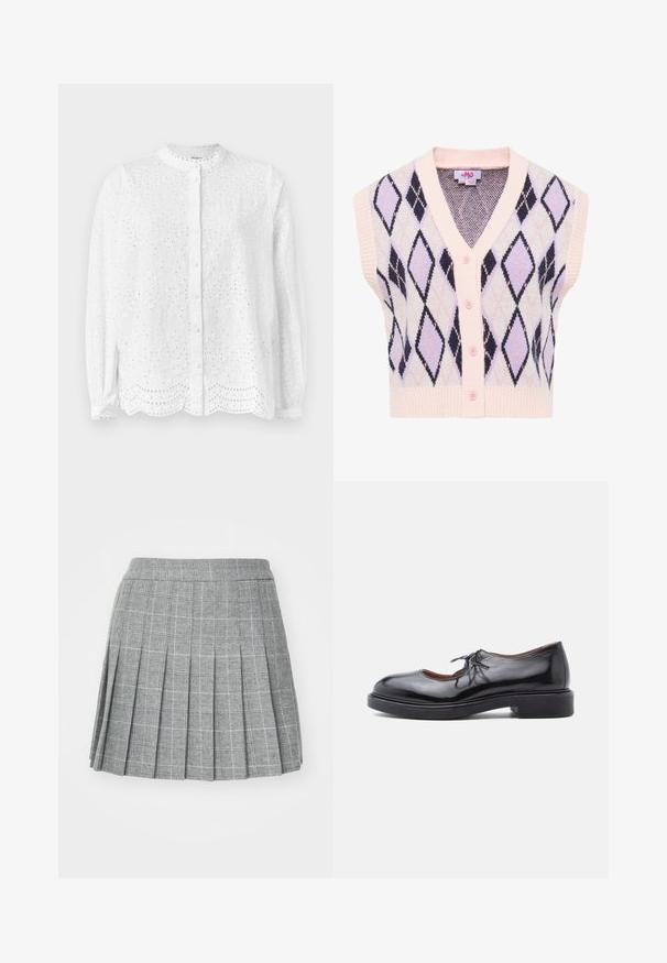 Cárdigan sin mangas en colores pastel, con un patrón de diamantes en lavanda y azul marino, con un dobladillo acanalado en rosa y cinco botones rosas.; Blusa blanca con escote redondo, mangas largas y cierre de botones; presenta recortes bordados y un dobladillo festoneado.; Falda plisada en tela gris con un patrón de cuadros. Presenta una pretina ajustada y múltiples pliegues verticales para un aspecto estructurado.; Bailarinas de cuero negro con puntera redonda, detalle de cordones y suela gruesa negra. Textura suave con acentos mínimos.