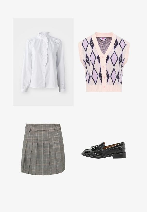 Ærmeløs cardigan i pastelfarver med et diamantmønster i lavendel og marineblå, med en lyserød ribbet kant og fem lyserøde knapper.; Hvid skjorte med lange ærmer, flæset høj krave og lodret flæseaccent foran. Letvægts bomuldsstof.; Rutet nederdel med læg, prydet med grå, sort og brun farveskala. Fremstillet af struktureret stof med en fast talje. ; Sort læderloafer med kvaster, syninger og lav blokhæl, vist fra ydersiden på hvid baggrund.