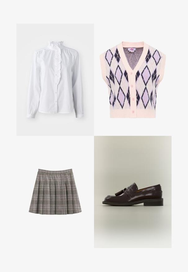 Ærmeløs cardigan i pastelfarver med et diamantmønster i lavendel og marineblå, med en lyserød ribbet kant og fem lyserøde knapper.; Hvid skjorte med lange ærmer, flæset høj krave og lodret flæseaccent foran. Letvægts bomuldsstof.; Plisseret nederdel i sort, hvid og grå med folder og en tilpasset linning. Ensartet tekstur med et klassisk tartanmønster over hele.; Mørkebrun læderloafer med frynser, lav hæl og synet sål, vist fra siden på en neutral baggrund.
