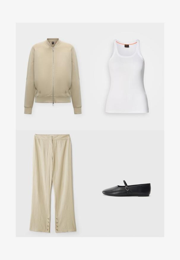 Chaqueta bomber beige con cremallera frontal completa, cuello, puños y bajo acanalados y bolsillos laterales discretos.; Camiseta de tirantes blanca acanalada con un escote redondo, que presenta un diseño de tiras estrechas y un acento naranja a lo largo del borde interior del escote. Logotipo de la marca visible.; Pantalones beige de pierna ancha hechos de tela texturizada, con una cintura lisa y detalles de botones en el dobladillo.; Bailarinas de cuero negro con punta afilada, suela plana y una pequeña correa con detalle de hebilla plateada.