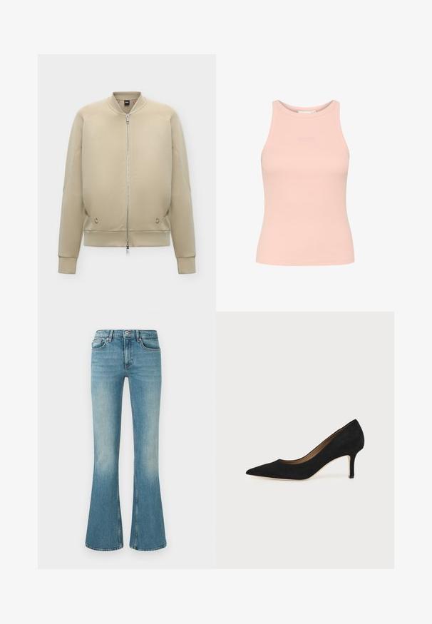 Veste bomber beige avec fermeture éclair intégrale à l'avant, col, poignets et ourlet côtelés, et poches latérales discrètes.; Débardeur côtelé rose clair avec un col haut, sans manches, et un logo subtil en relief sur la poitrine. Texture lisse et ajustée.; Jeans en denim bleu évasés avec un lavage léger, cinq poches, un détail de couture et une taille avec un bouton et une fermeture éclair.; Escarpin en daim noir à bout pointu avec un talon stiletto fin de hauteur moyenne et un design à coupe basse sur un fond uni.