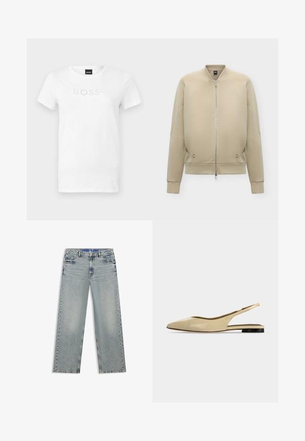 Veste bomber beige avec fermeture éclair intégrale à l'avant, col, poignets et ourlet côtelés, et poches latérales discrètes.; T-shirt blanc à manches courtes et col rond avec le texte "BOSS" composé de petits motifs circulaires sur la poitrine, présenté sur un fond uni.; Jean large bleu clair en denim, avec des zones délavées, cinq poches et une ceinture bleue à logo.; Chaussure plate beige à bout pointu avec bride arrière, petit talon noir et finition en cuir lisse, vue de côté sur un fond uni.