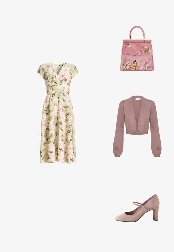 Gekürzter Cardigan aus weichem, hellrosa Strick mit langen, puffigen Ärmeln und einem offenen Design. Verfügt über gerippte Bündchen und Saum.; Grünes florales Wickelkleid mit kurzen Ärmeln, tailliertem Schnitt und A-Linien-Midirock mit rosa und weißen Blumen und grünen Blättern.; Rosa Lederschuh mit Absatz, abgerundeter Spitze, Knöchelriemen und gewelltem Rand. Verfügt über einen schlanken Blockabsatz für zusätzlichen Halt.; Rosa Wildledertasche mit floralem Stickmuster, das Vögel und Schmetterlinge zeigt. Mit goldfarbenen Beschlägen und einem runden oberen Griff. Eleganter Klappverschluss.