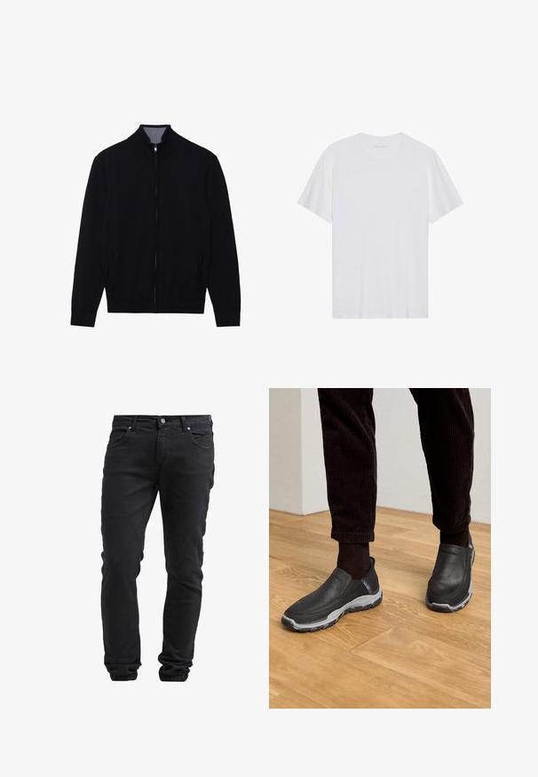 Zwarte zip-up jas met een hoge kraag, geribde manchetten en twee zijzakken. Gemaakt van een gladde, textuurrijke stof.; Witte katoenen T-shirt met korte mouwen, een ronde hals en een gladde textuur. Heeft minimale branding op de halslijn.; Zwarte slim-fit jeans met knoop- en ritssluiting, vijf zakken en elastische boorden bij de enkels.; Zwarte instapschoenen met leren bovenwerk met textuur en een grijze rubberen zool, geplaatst op een houten vloer met corduroy broek.