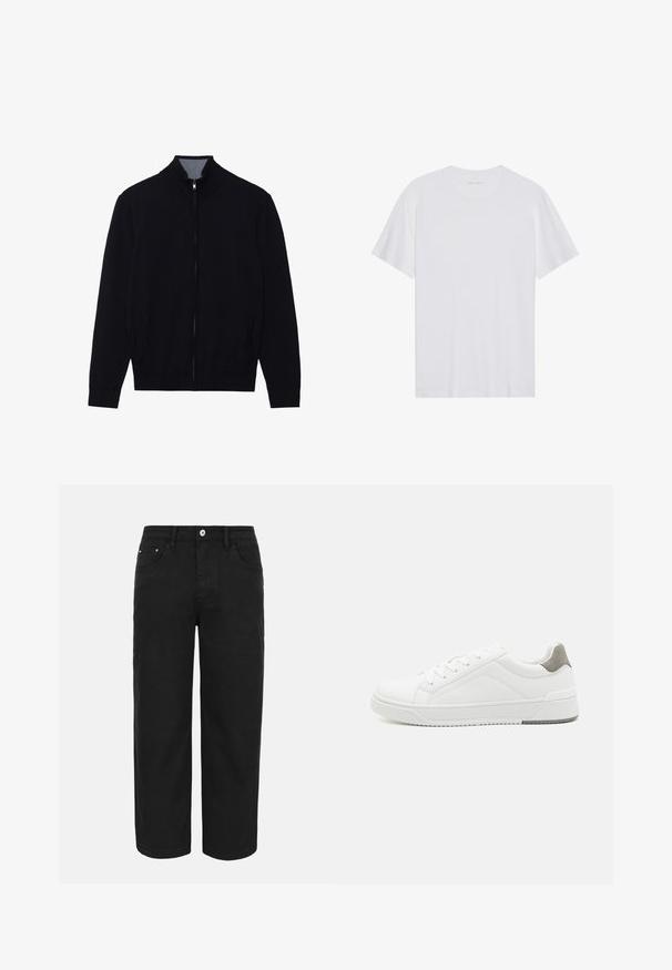 Sort zip-jakke med høj krave, ribbede manchetter og to sidelommer. Fremstillet af et glat, struktureret materiale.; Hvid bomulds T-shirt med korte ærmer, rund hals og en glat tekstur. Har minimal branding på halsudskæringen.; Sorte bukser med lige ben, forrest med knap- og lynlåslukning, bæltestropper og tre forlommer på en ensfarvet lys baggrund.; Hvid sneaker lavet af glat læder, rund tå, minimalistisk design, grå hælafsats og tekstureret gummisål.